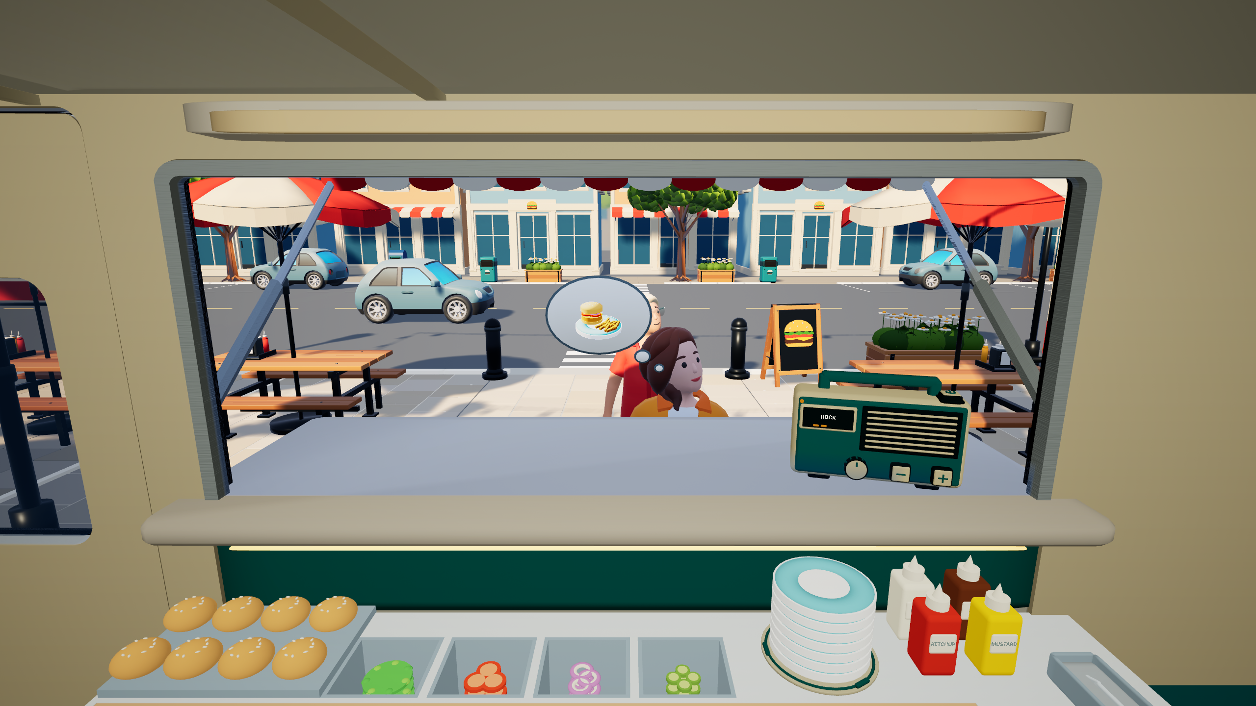Customers waiting at the Burger Truck serving window, with ingredients ready on the counter