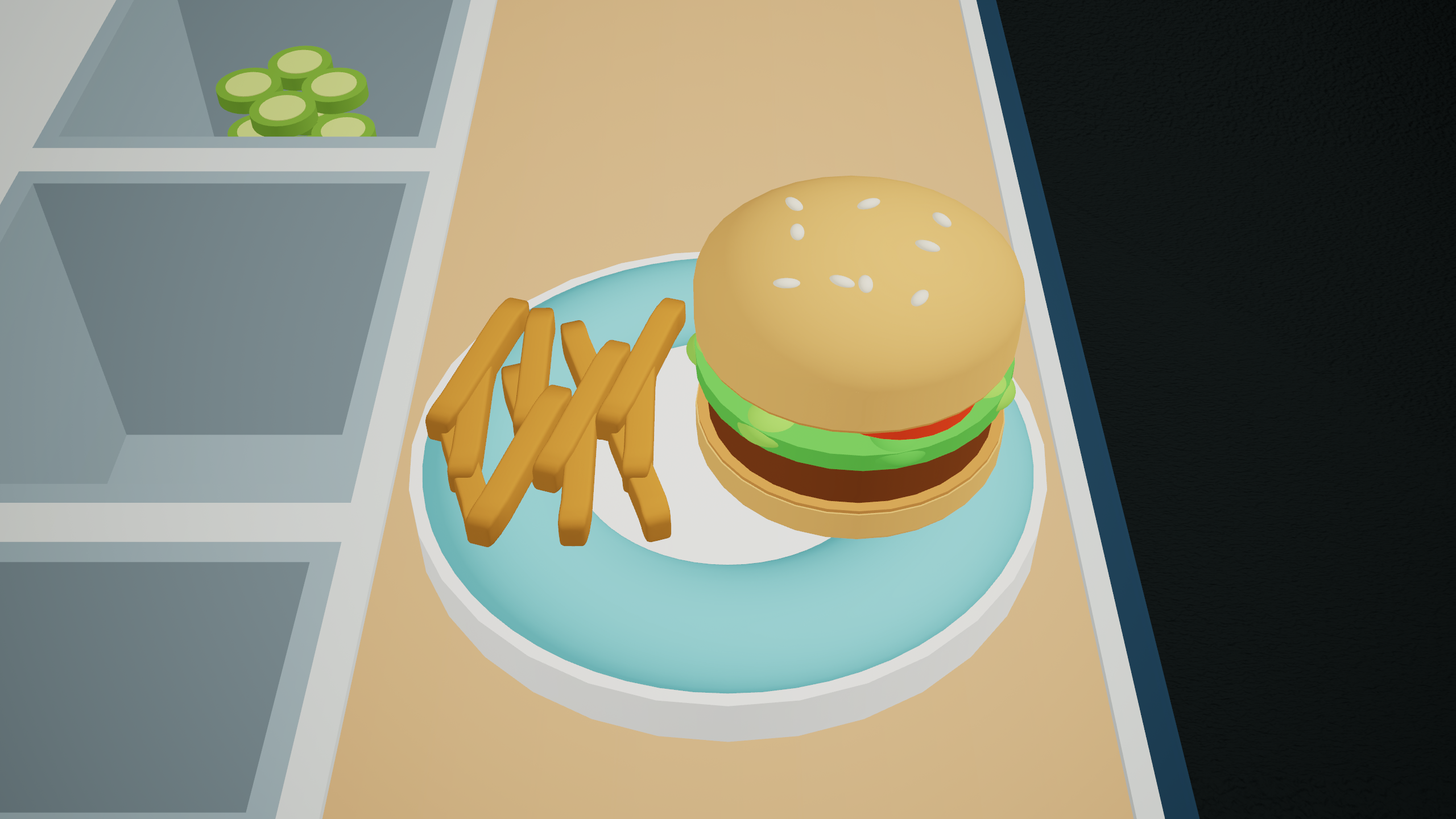 A plated burger and fries in Burger Truck