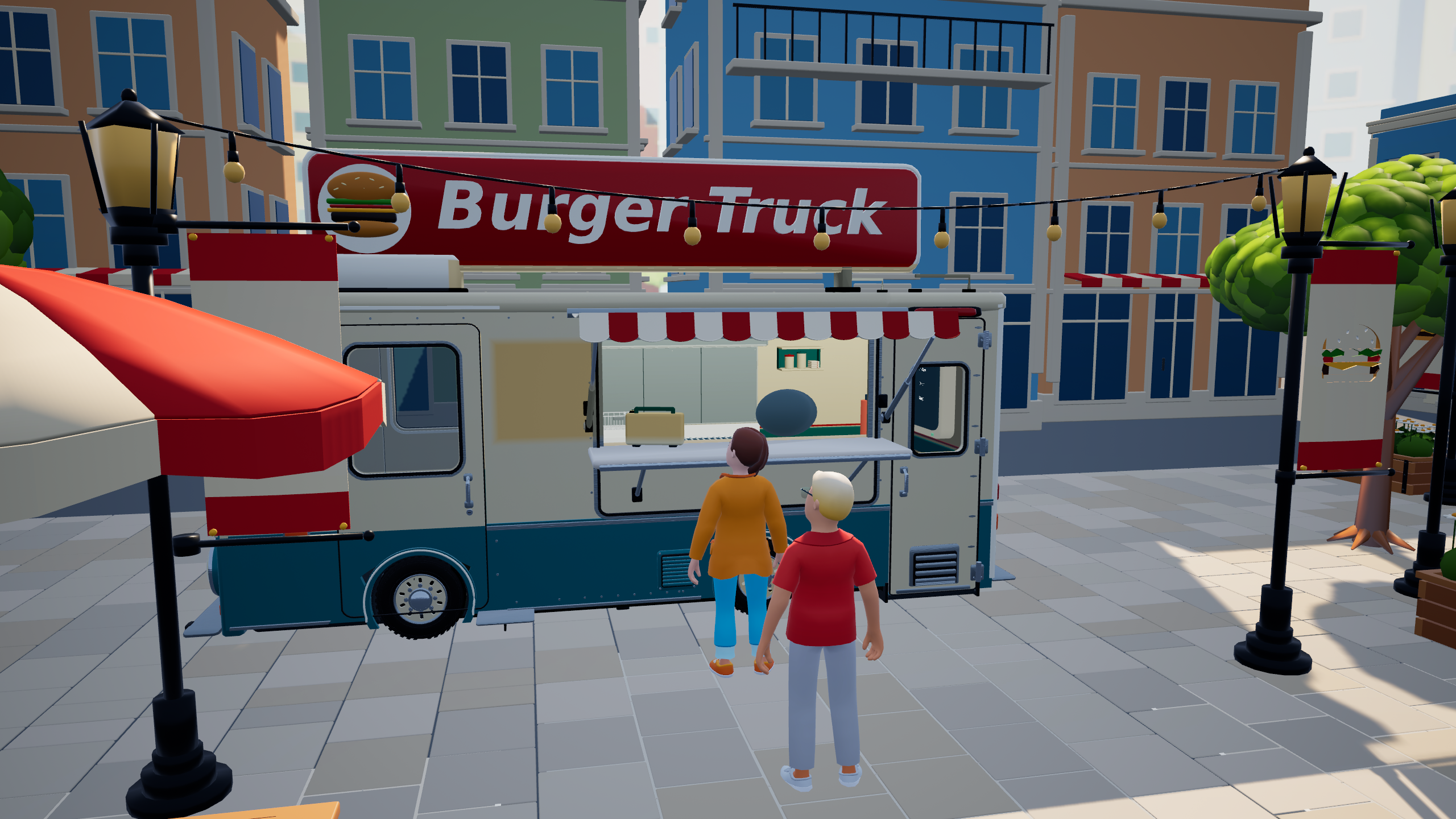 The Burger Truck parked in a colorful town plaza with customers at its window